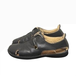 UGG Sandals Men 14 Black Leather Shearling Lined Fisherman Slipper S/N 1635
